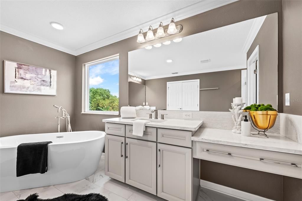 Bathroom, Dual Sink Vanities, Free Standing Baths, Interior, Marble, Recessed Lighting
