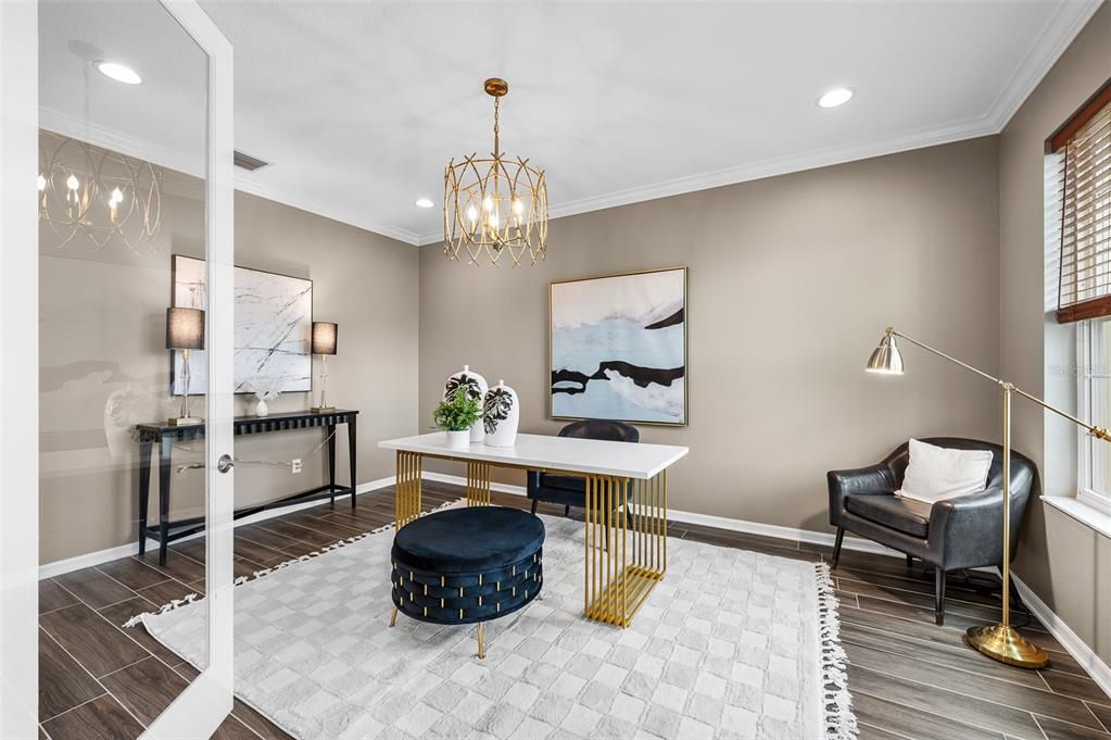 Chandelier, Home Office, Interior, Pendant Lights, Recessed Lighting, Wood Texture Flooring