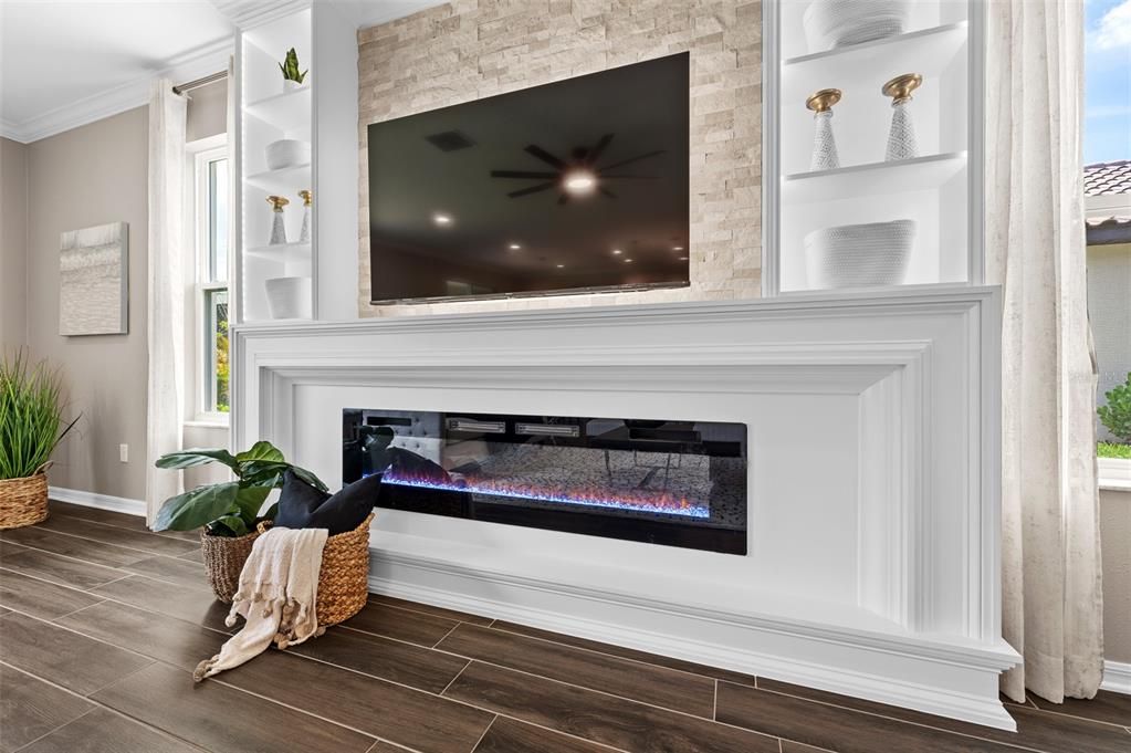 Fireplace, Interior, Recessed Lighting, Wood Texture Flooring