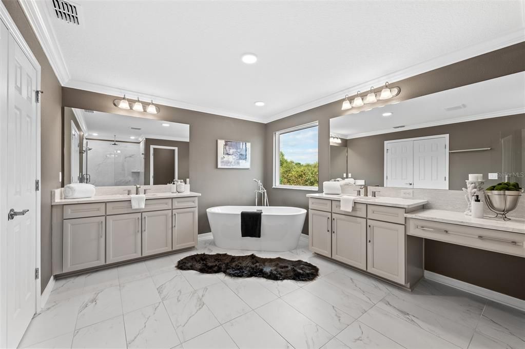 Bathroom, Dual Sink Vanities, Free Standing Baths, Glass Shower, Interior, Marble, Recessed Lighting
