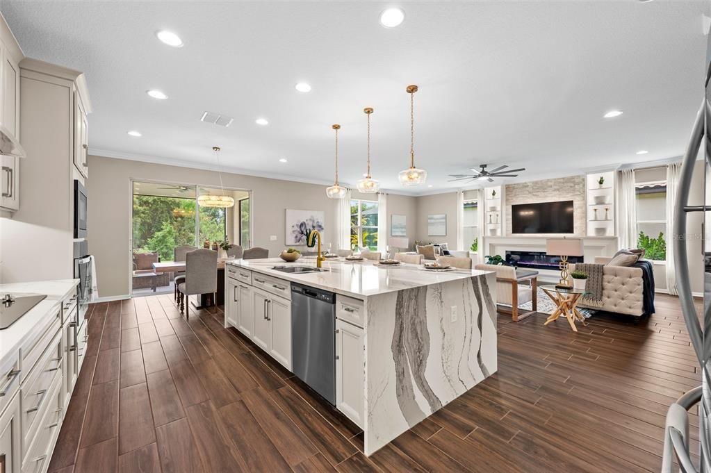 Dining room, Interior, Kitchen, Living room, Pendant Lights, Recessed Lighting, Stainless Steel Appliances, Wood Texture Flooring