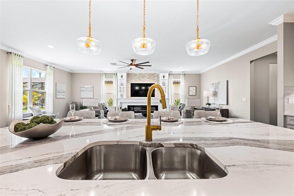 Fireplace, Interior, Kitchen, Living room, Pendant Lights, Recessed Lighting