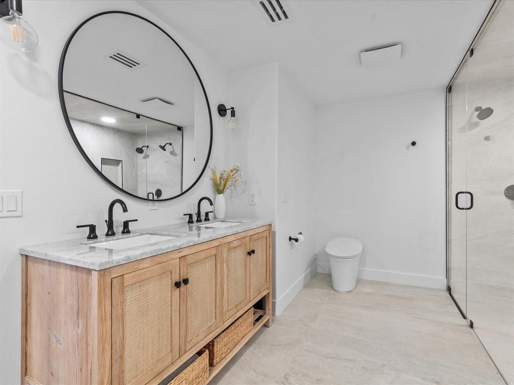 Bathroom, Dual Sink Vanities, Glass Shower, Interior, Recessed Lighting