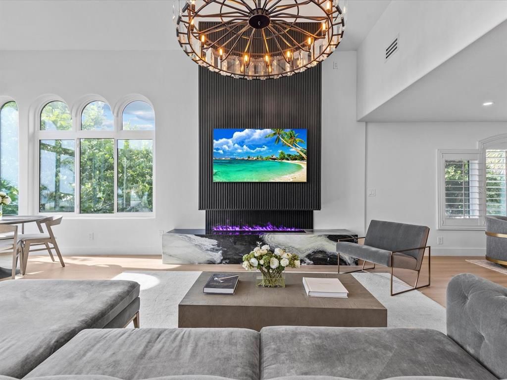 Chandelier, Interior, Living room, Recessed Lighting, Wood Texture Flooring