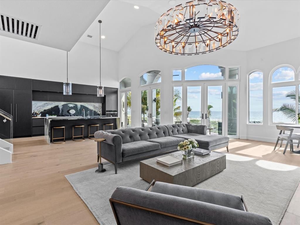 Chandelier, Interior, Living room, Pendant Lights, Recessed Lighting, Water, Wood Texture Flooring