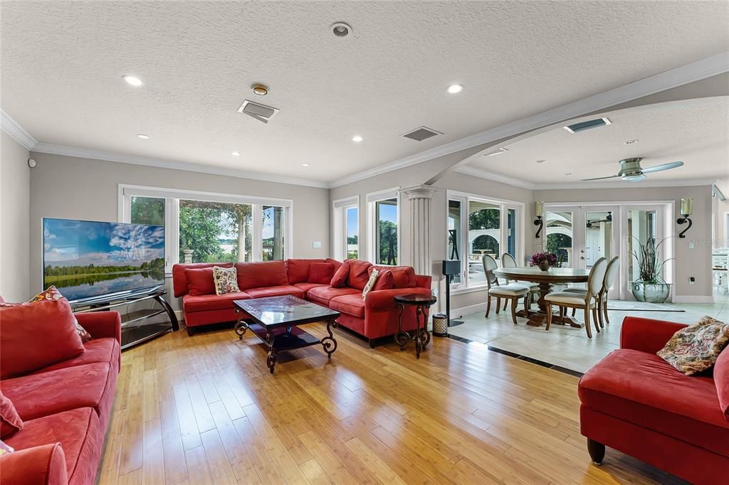 Dining room, Interior, Living room, Recessed Lighting, Wood Texture Flooring