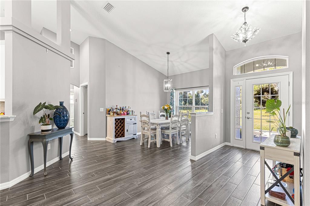 Dining room, Interior, Pendant Lights, Wood Texture Flooring