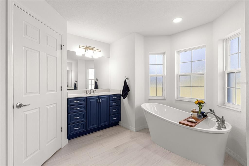 Bathroom, Dual Sink Vanities, Free Standing Baths, Interior, Recessed Lighting, Wood Texture Flooring