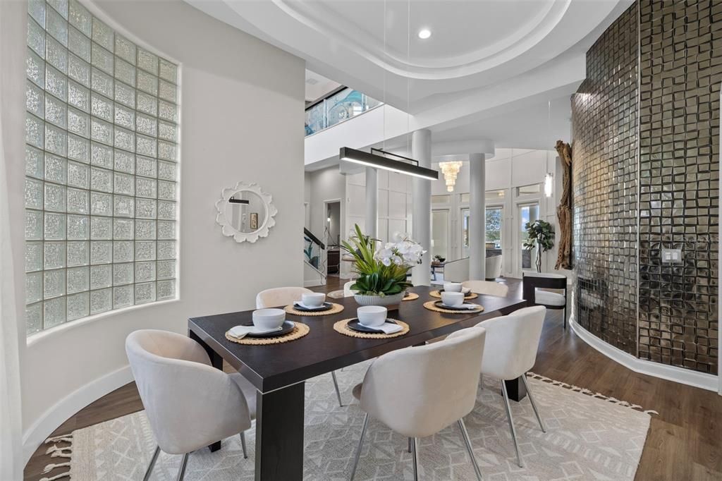 Dining room, Interior, Pendant Lights, Recessed Lighting, Wood Texture Flooring