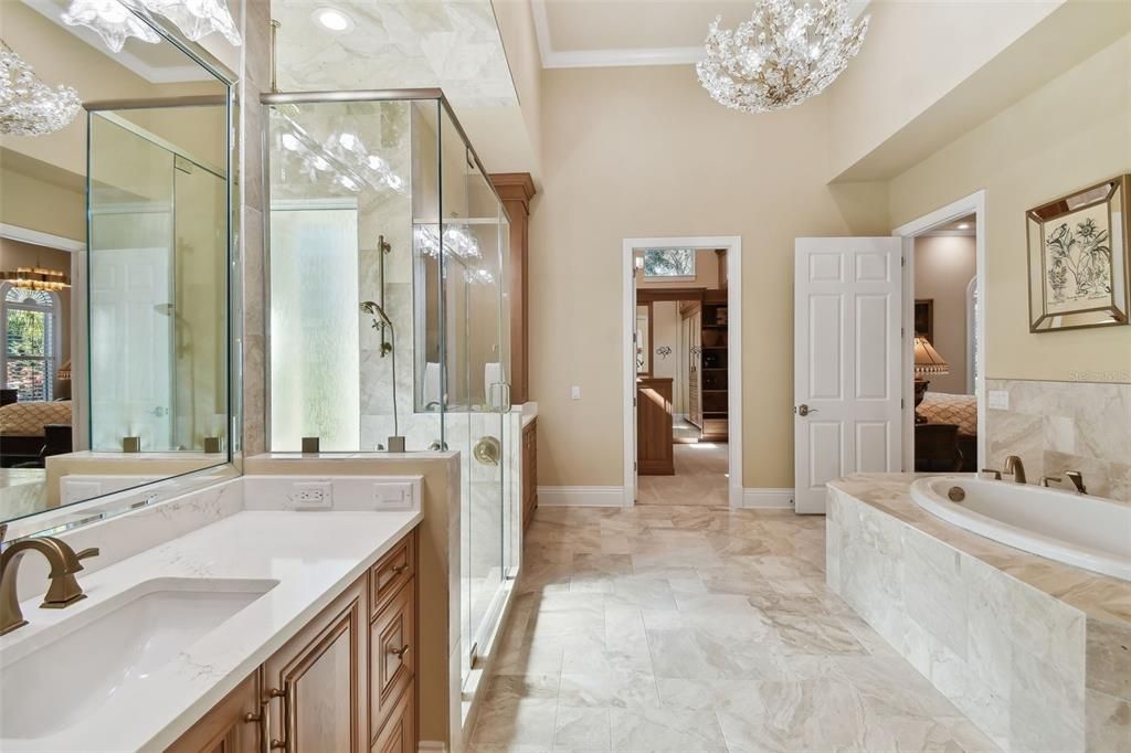 Bathroom, Chandelier, Dual Sink Vanities, Glass Shower, Interior, Marble, Pendant Lights