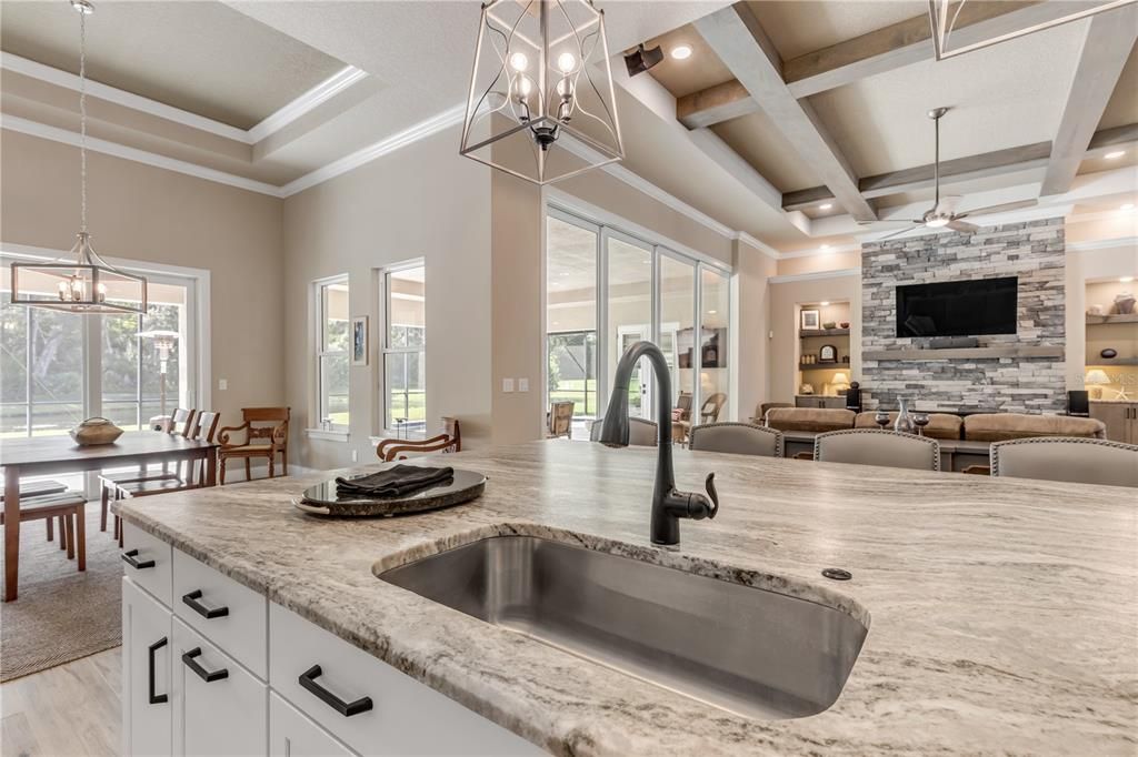 Dining room, Interior, Kitchen, Pendant Lights, Recessed Lighting, Stone Walls, Wood Texture Flooring