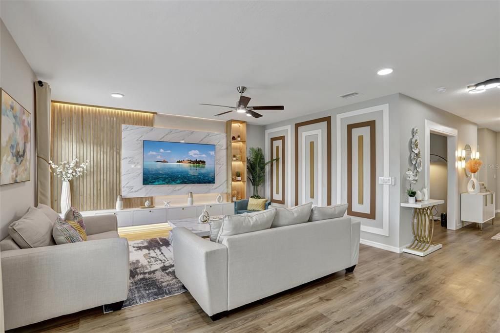Interior, Living room, Recessed Lighting, Wood Texture Flooring