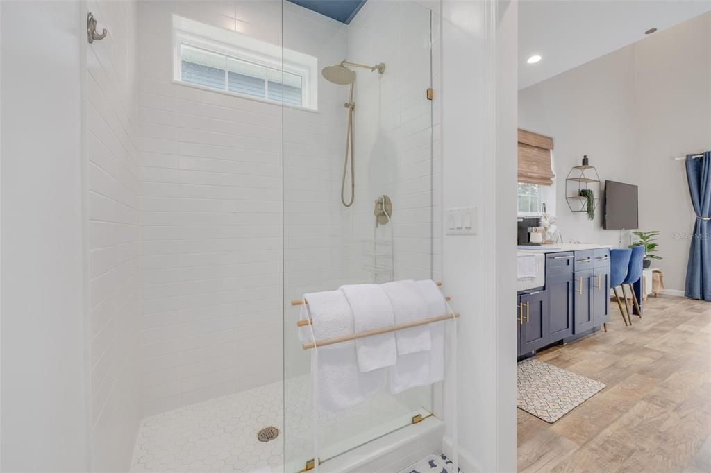 Bathroom, Glass Shower, Interior, Recessed Lighting, Wood Texture Flooring