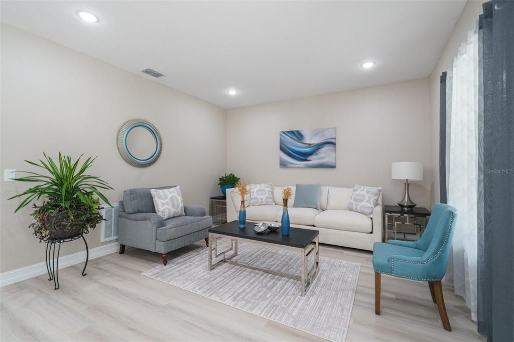 Interior, Living room, Recessed Lighting, Wood Texture Flooring