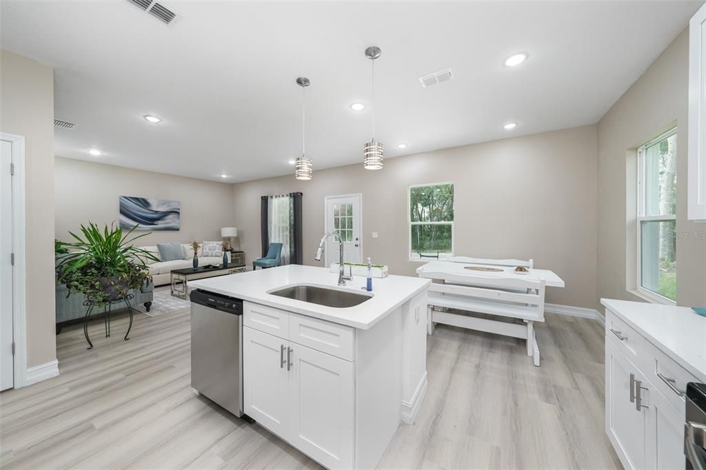 Dining room, Interior, Kitchen, Pendant Lights, Recessed Lighting, Wood Texture Flooring