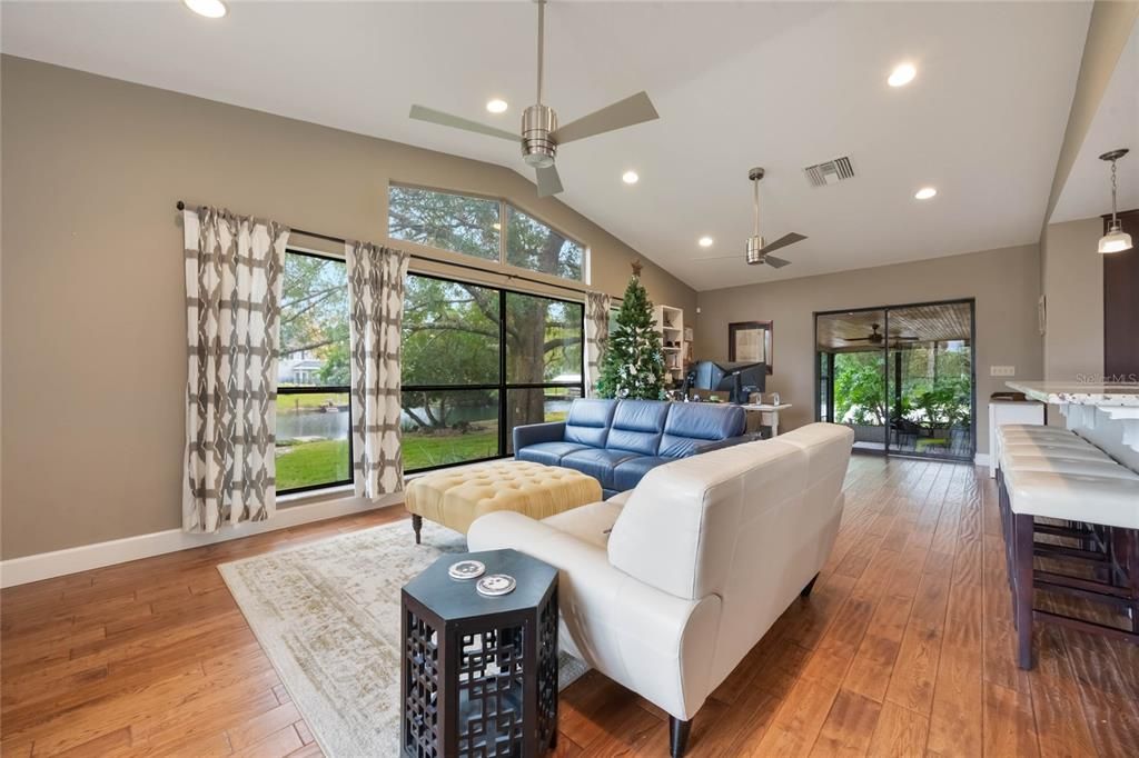 Interior, Living room, Pendant Lights, Recessed Lighting, Wood Texture Flooring