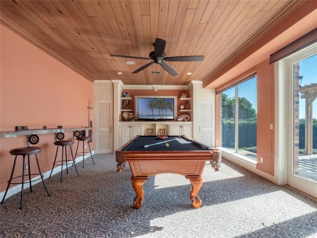 Billiard Table, Game Room, Interior, Recessed Lighting, Wooden Ceilings