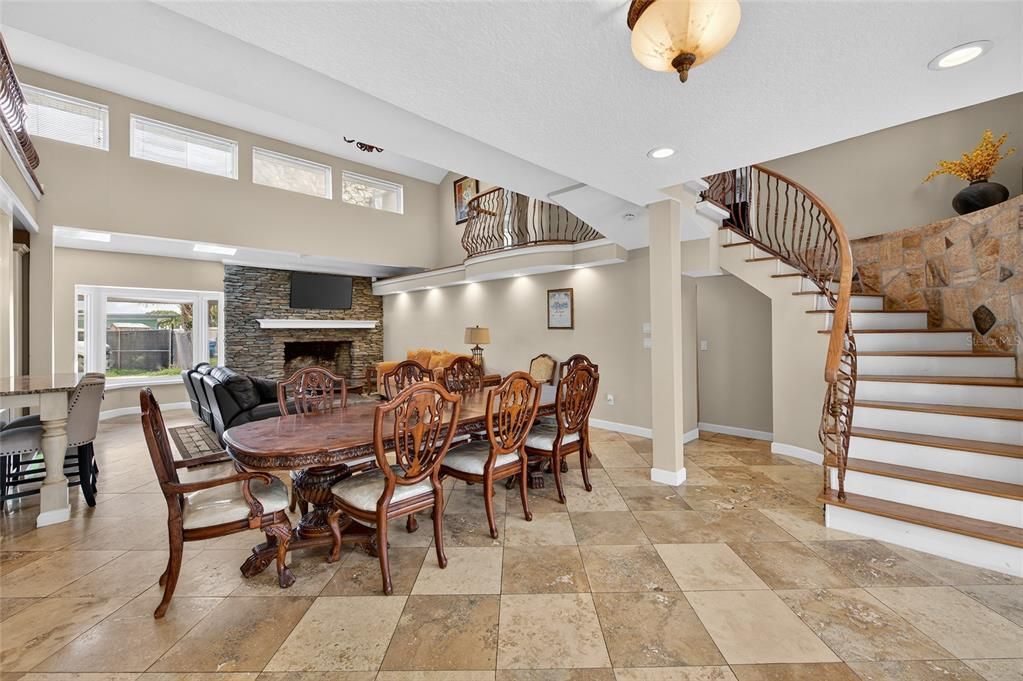 Dining room, Fireplace, Interior, Recessed Lighting