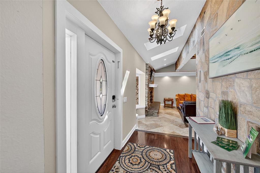 Chandelier, Interior, Recessed Lighting, Stone Walls, Wood Texture Flooring