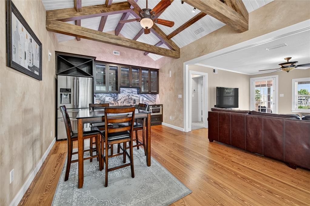 Dining room, Interior, Kitchen, Living room, Wooden Beams, Wood Texture Flooring