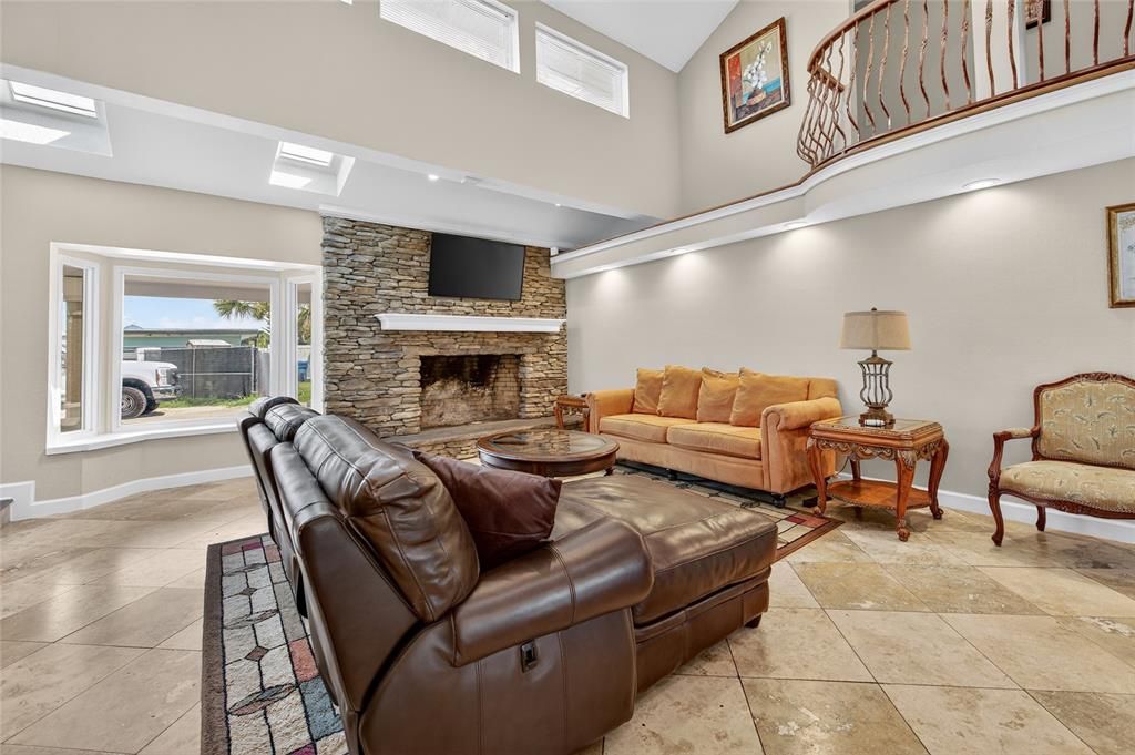 Fireplace, Interior, Living room, Recessed Lighting, Stone Walls