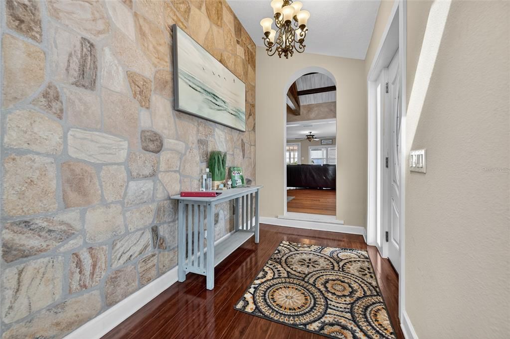 Chandelier, Interior, Stone Walls, Wood Texture Flooring