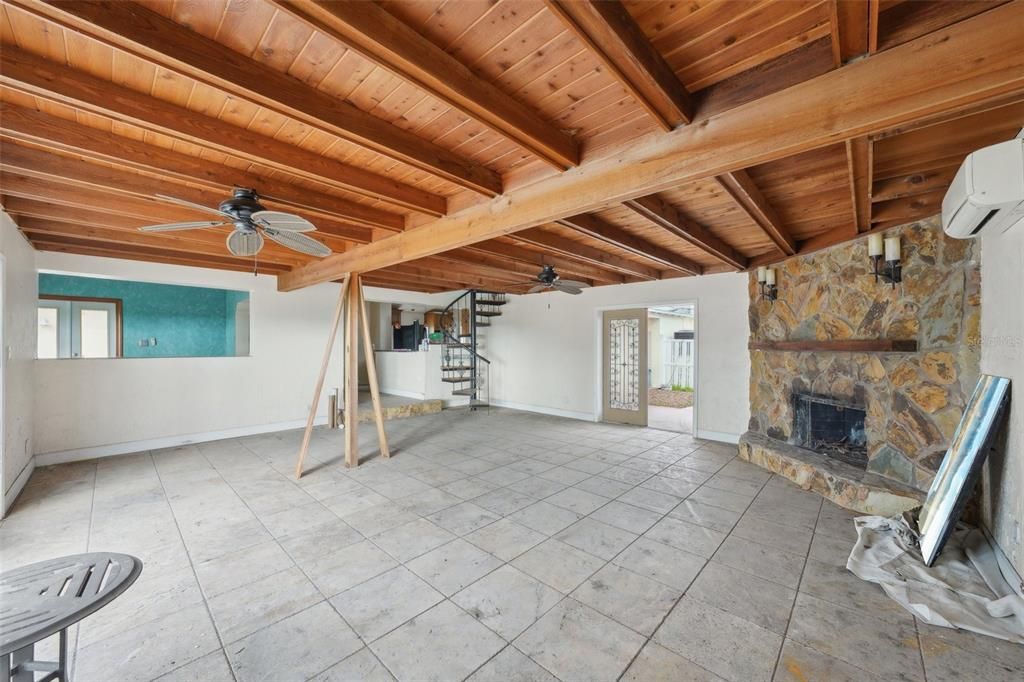 Empty room, Fireplace, Interior, Wooden Beams, Wooden Ceilings