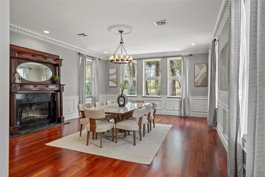 Chandelier, Dining room, Fireplace, Interior, Recessed Lighting, Wood Texture Flooring