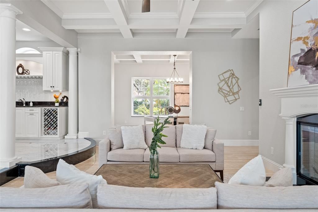 Fireplace, Interior, Kitchen, Living room, Pendant Lights, Recessed Lighting, Wood Texture Flooring