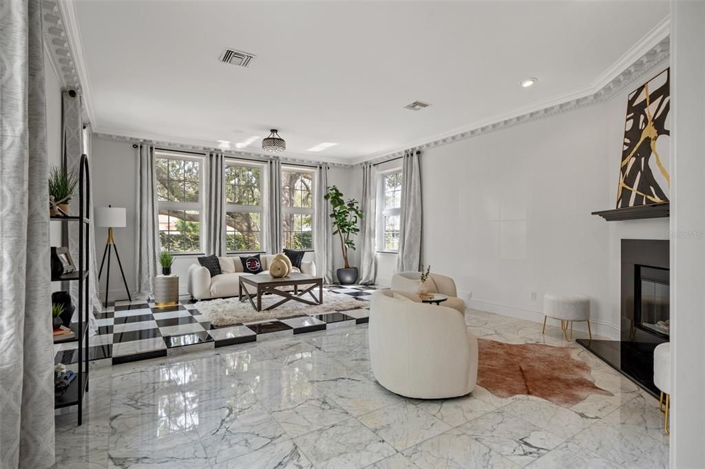 Fireplace, Interior, Living room, Marble, Recessed Lighting