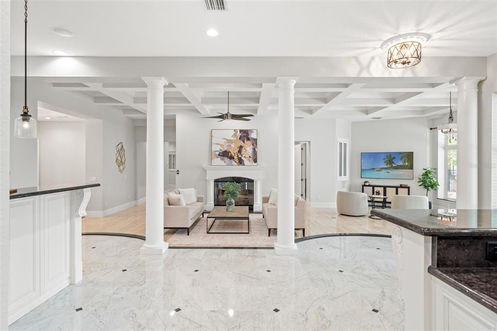 Fireplace, Interior, Living room, Marble, Pendant Lights, Recessed Lighting, Wood Texture Flooring