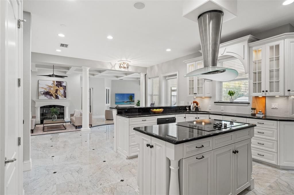 Fireplace, Interior, Kitchen, Living room, Marble, Recessed Lighting