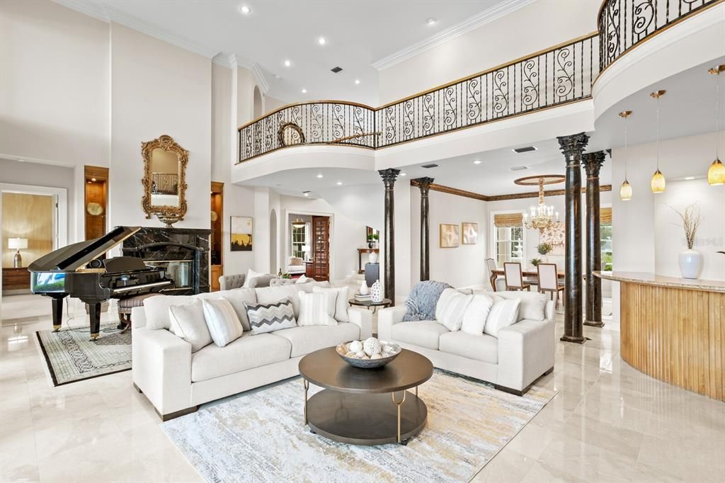 Chandelier, Dining room, Fireplace, Interior, Living room, Pendant Lights, Piano, Recessed Lighting