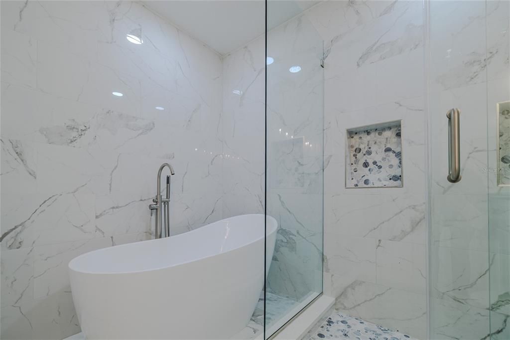 Bathroom, Free Standing Baths, Glass Shower, Interior, Marble Walls, Recessed Lighting