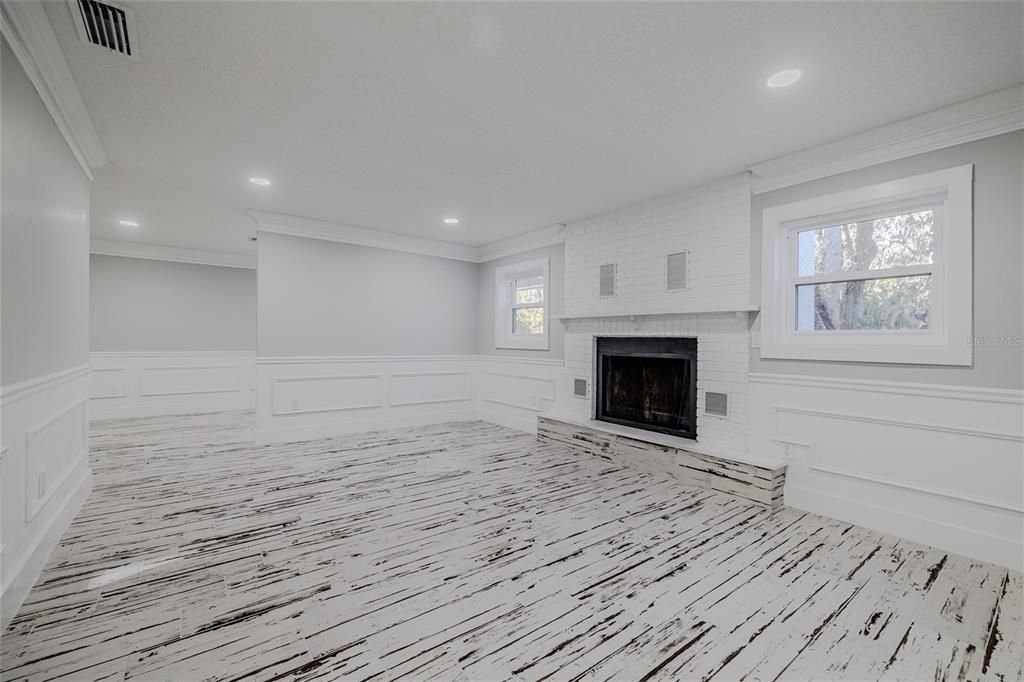 Empty room, Fireplace, Interior, Recessed Lighting, Wood Texture Flooring