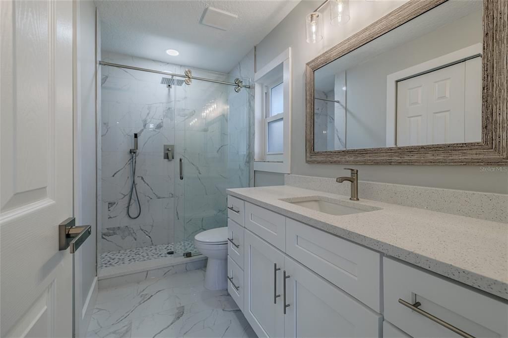 Bathroom, Glass Shower, Interior, Marble, Marble Walls, Recessed Lighting