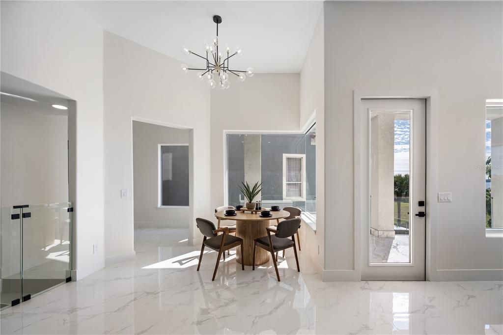 Dining room, Interior, Marble, Pendant Lights