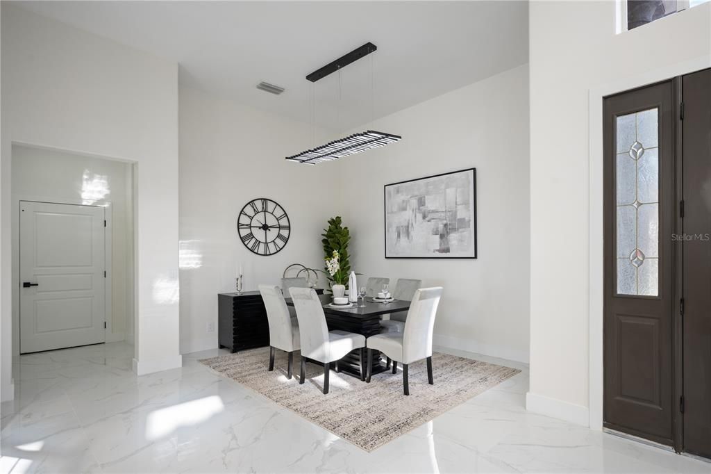 Dining room, Interior, Marble, Pendant Lights