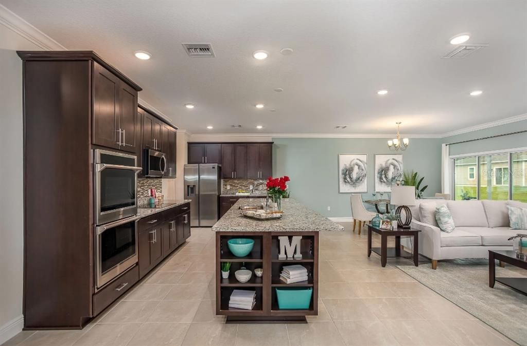 Chandelier, Dining room, Interior, Kitchen, Living room, Recessed Lighting, Stainless Steel Appliances