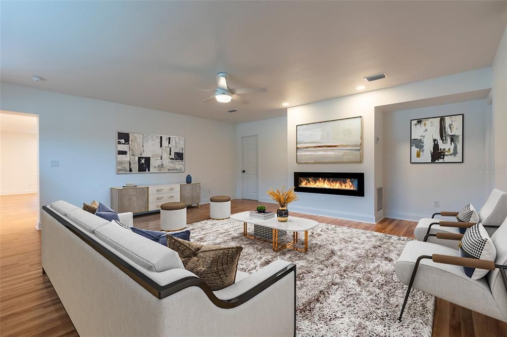Fireplace, Interior, Living room, Recessed Lighting, Wood Texture Flooring
