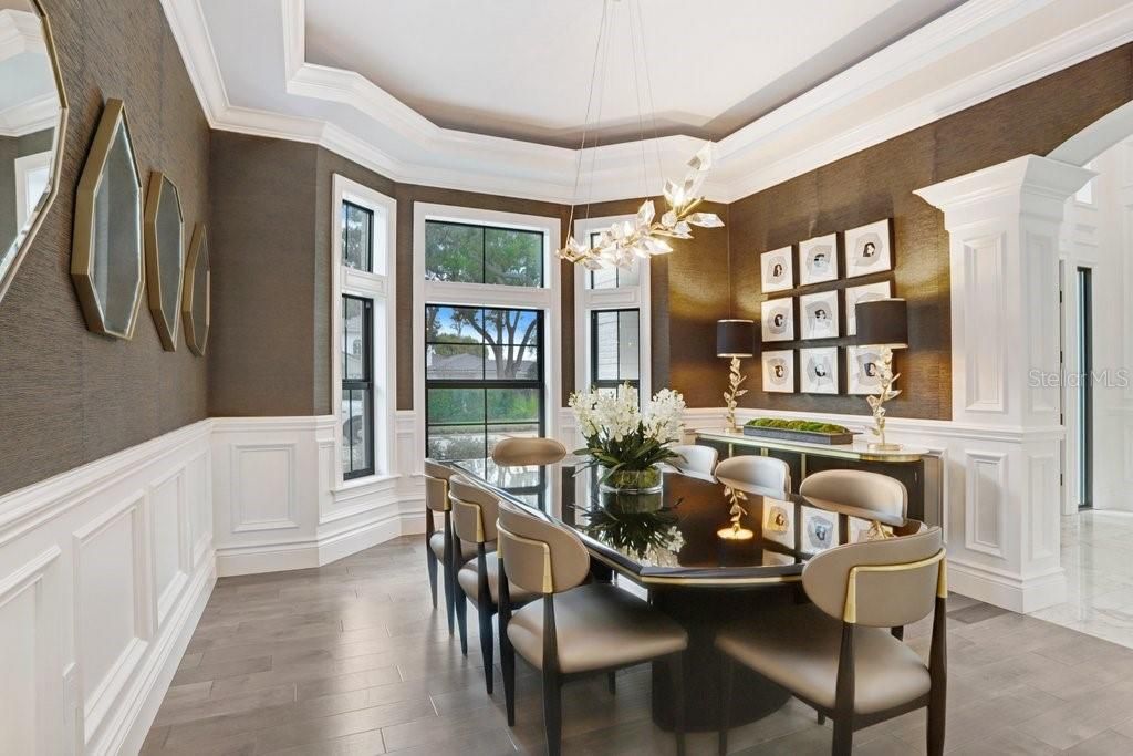Dining room, Interior, Pendant Lights, Wood Texture Flooring