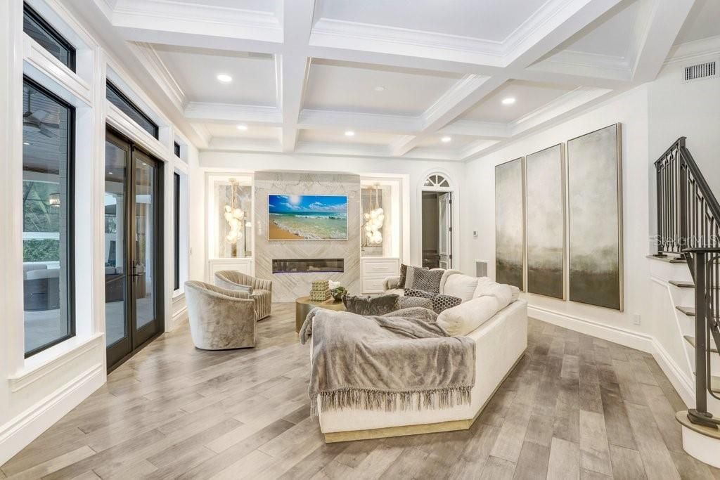 Fireplace, Interior, Living room, Recessed Lighting, Wood Texture Flooring