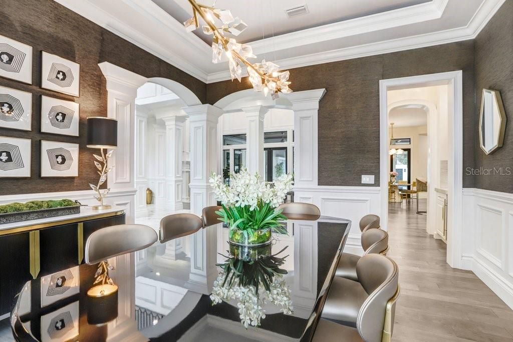 Dining room, Interior, Pendant Lights, Wood Texture Flooring