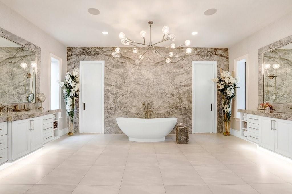 Bathroom, Dual Sink Vanities, Free Standing Baths, Glass Shower, Interior, Marble Walls, Pendant Lights, Recessed Lighting