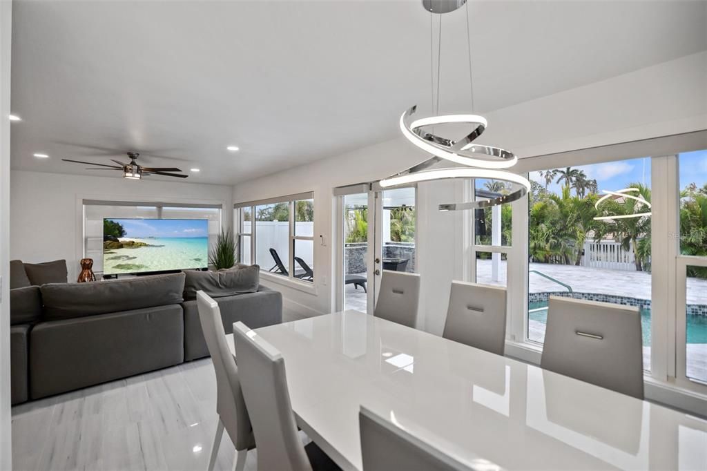 Dining room, Interior, Kitchen, Living room, Marble, Pendant Lights, Recessed Lighting