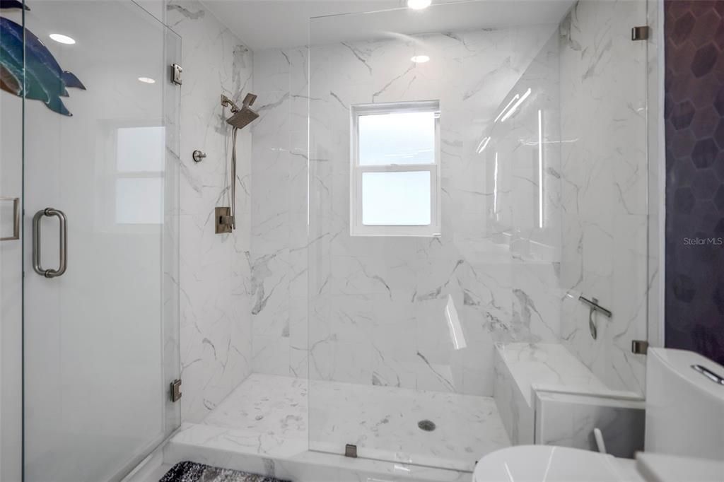 Bathroom, Glass Shower, Interior, Marble Walls, Recessed Lighting