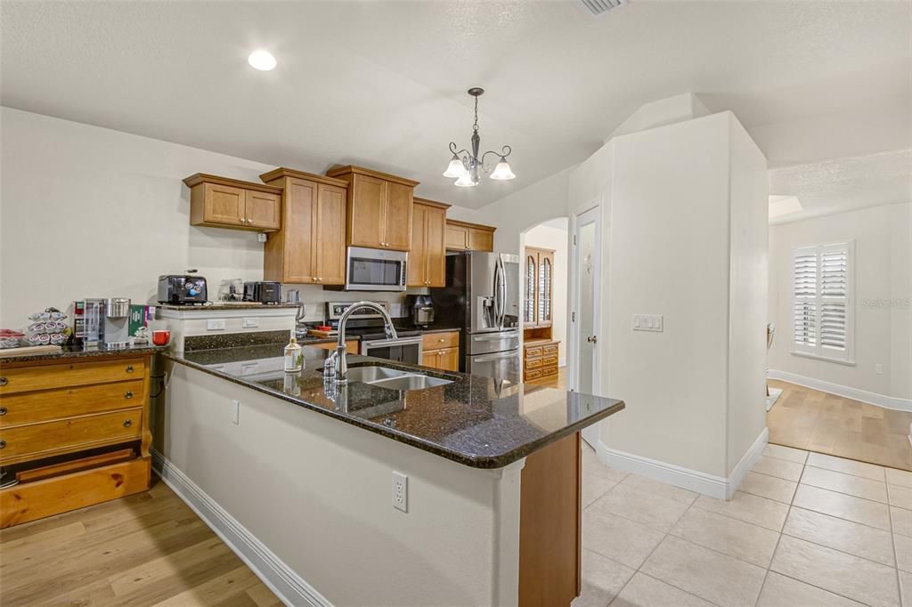 Interior, Kitchen, Pendant Lights, Recessed Lighting, Wood Texture Flooring