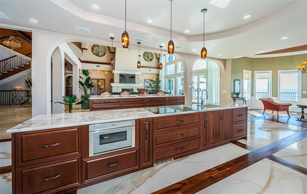 Interior, Kitchen, Living room, Marble, Pendant Lights, Recessed Lighting, Stainless Steel Appliances