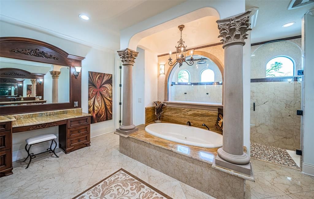 Bathroom, Chandelier, Interior, Marble, Recessed Lighting