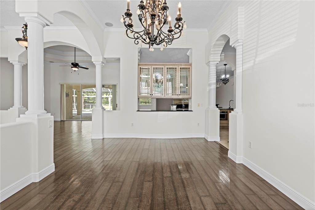 Chandelier, Dining room, Interior, Wood Texture Flooring